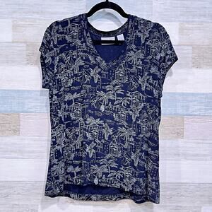 CHICOS TRAVELERS Tropical Island Print Tee Blue Stretchy Vintage Womens Large 2